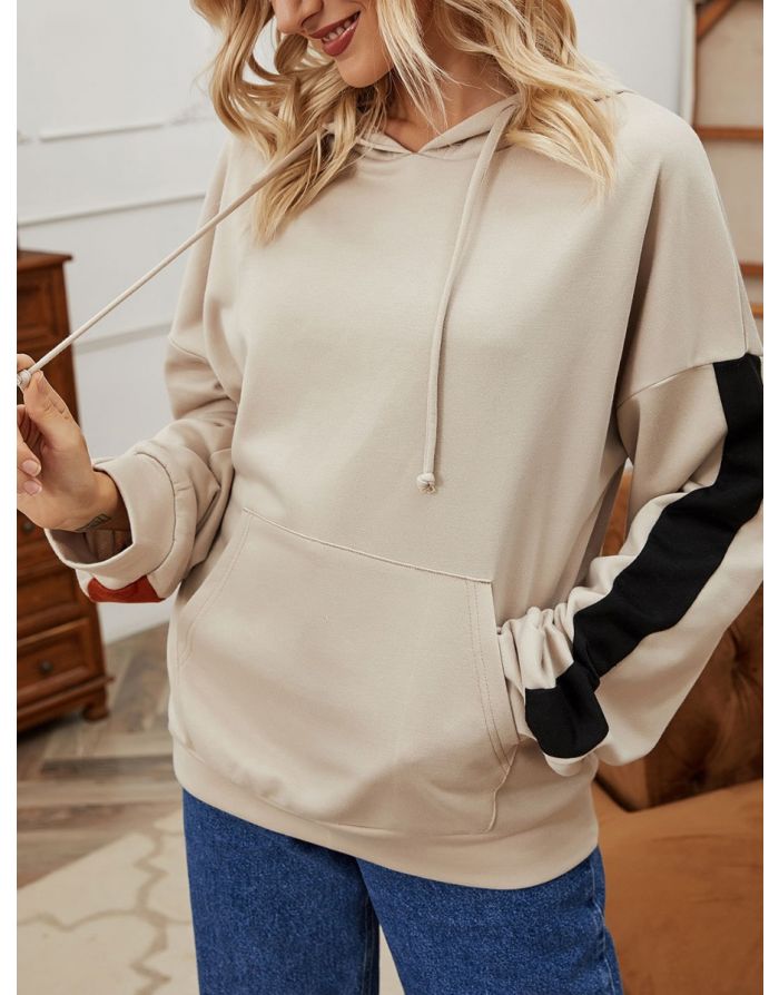 Korean Fashion Stitching Color Hoodies Women Fall Long Sleeve Loose Sweatshirt Coat